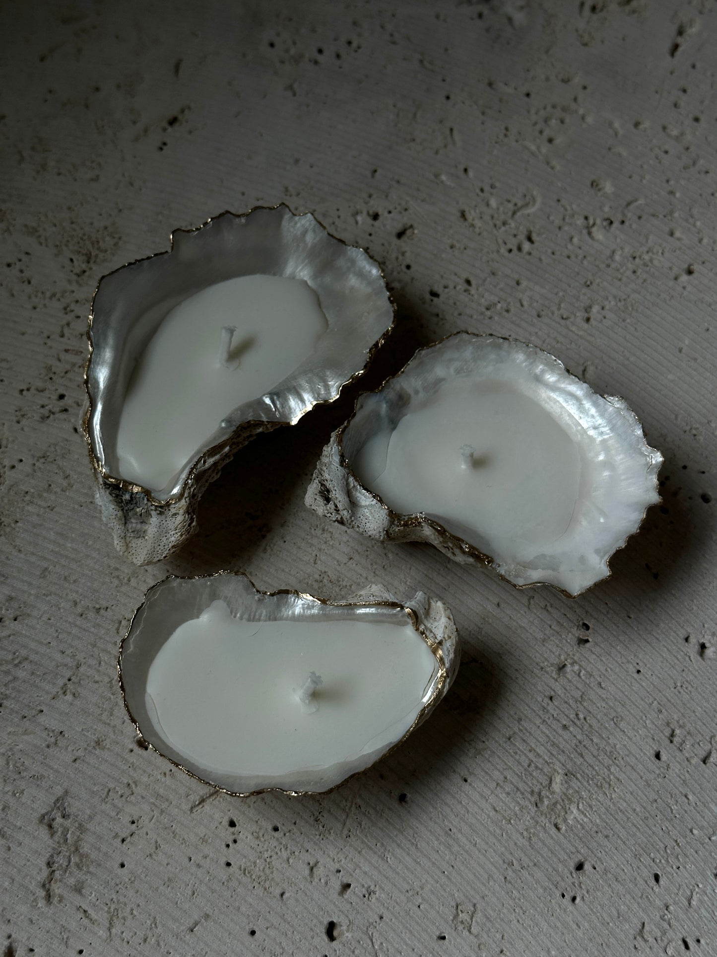 Set of Three Hand Poured Recycled Oyster Shell Tea light Candles