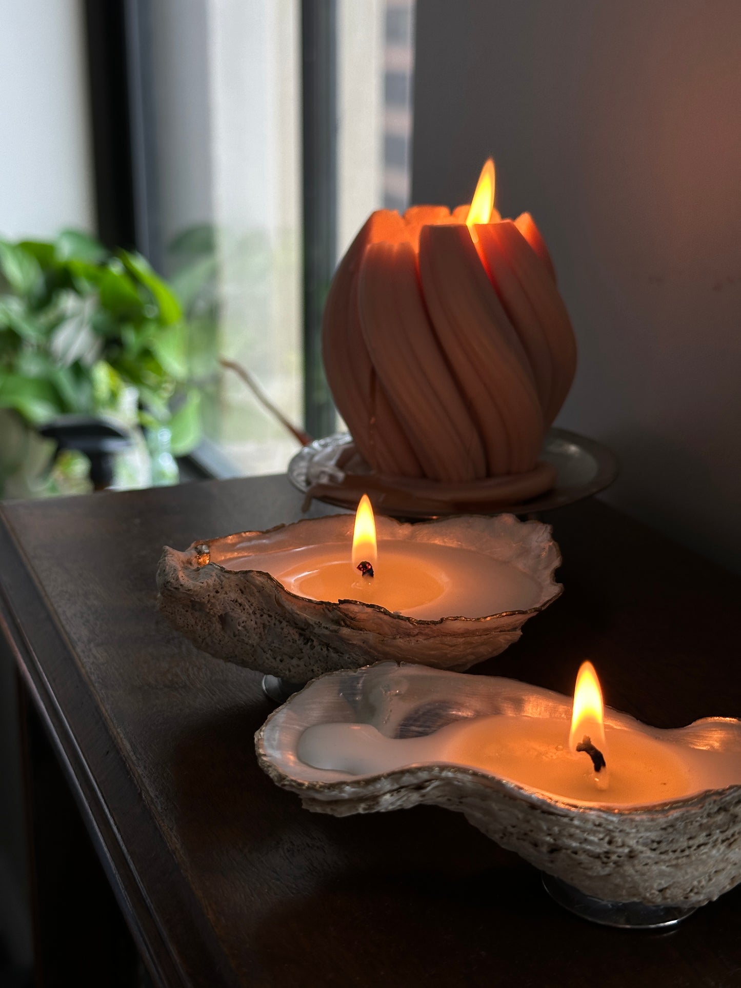 Set of Three Hand Poured Recycled Oyster Shell Tea light Candles