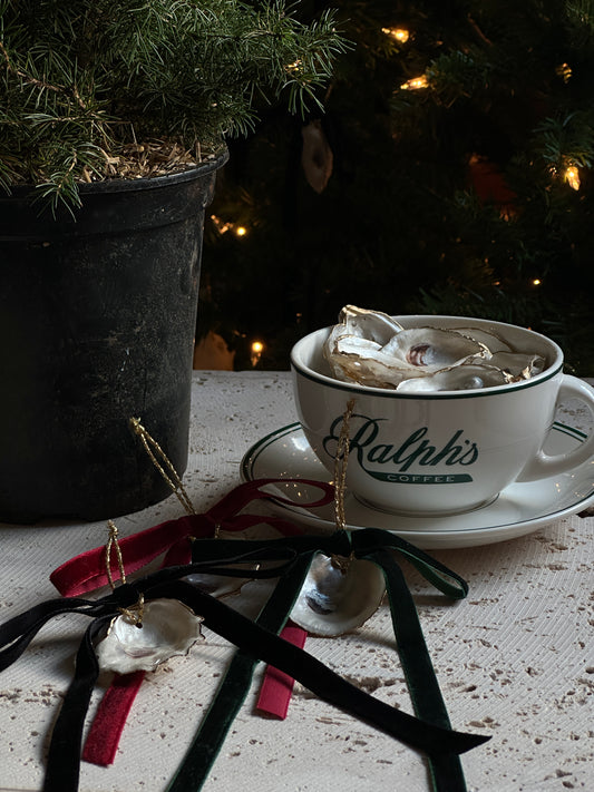 Mini Pearlescent Recycled Oyster Shell Christmas Tree Ornament with Gold Leaf Border and Velvet Bow // Coastal Holiday Ornament