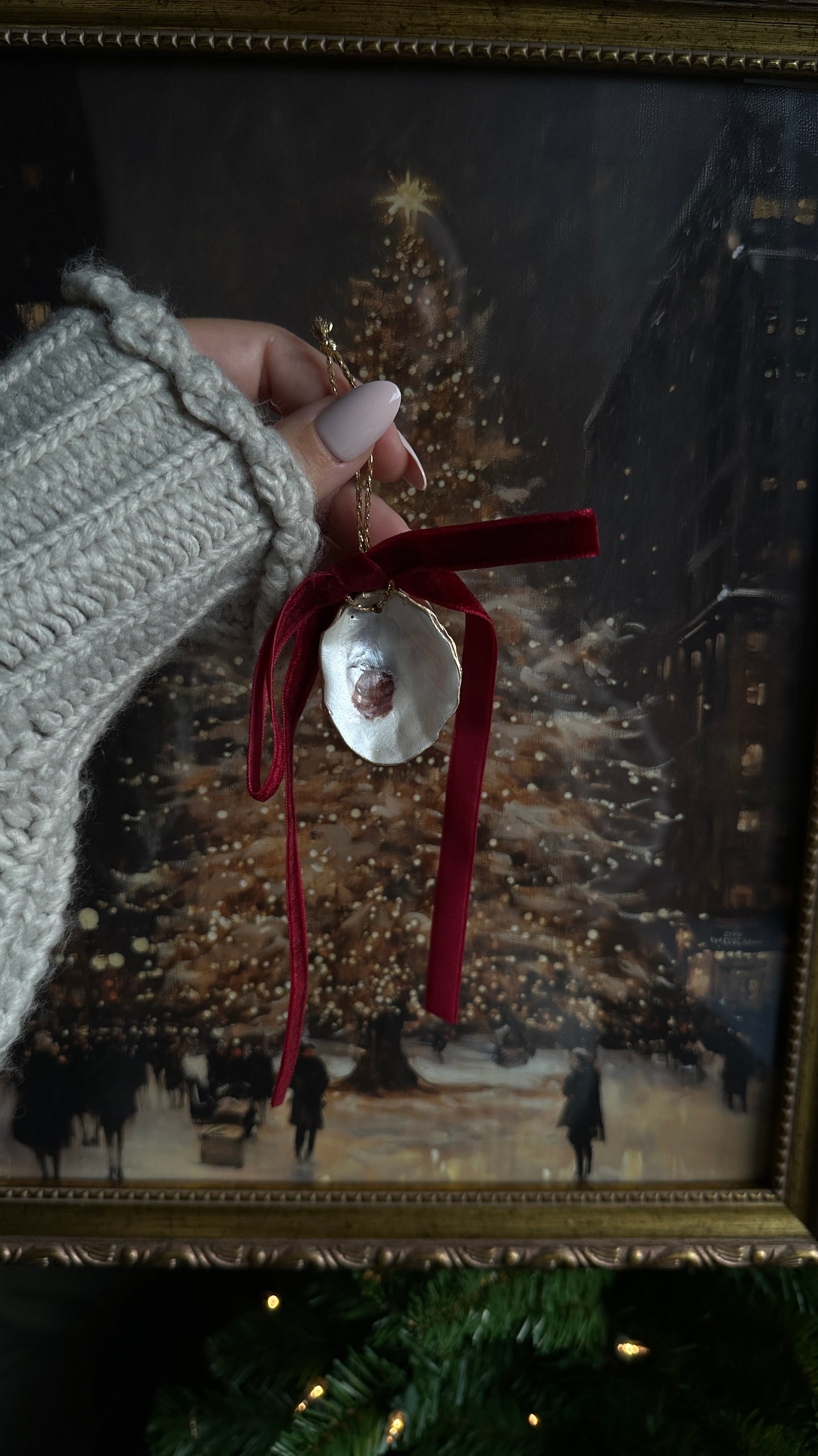 Mini Pearlescent Recycled Oyster Shell Christmas Tree Ornament with Gold Leaf Border and Velvet Bow // Coastal Holiday Ornament